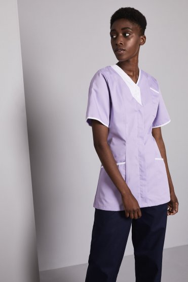 SJ Women's Zip Front Tunic, Lilac w/ White Trim