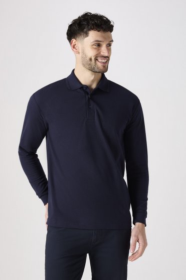 Uneek Unisex Long Sleeved Polo Shirt, Navy